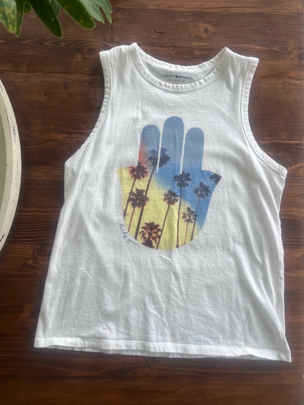 Lucky Brand White Tank with Blue and Yellow Gradient Palm Hamsa